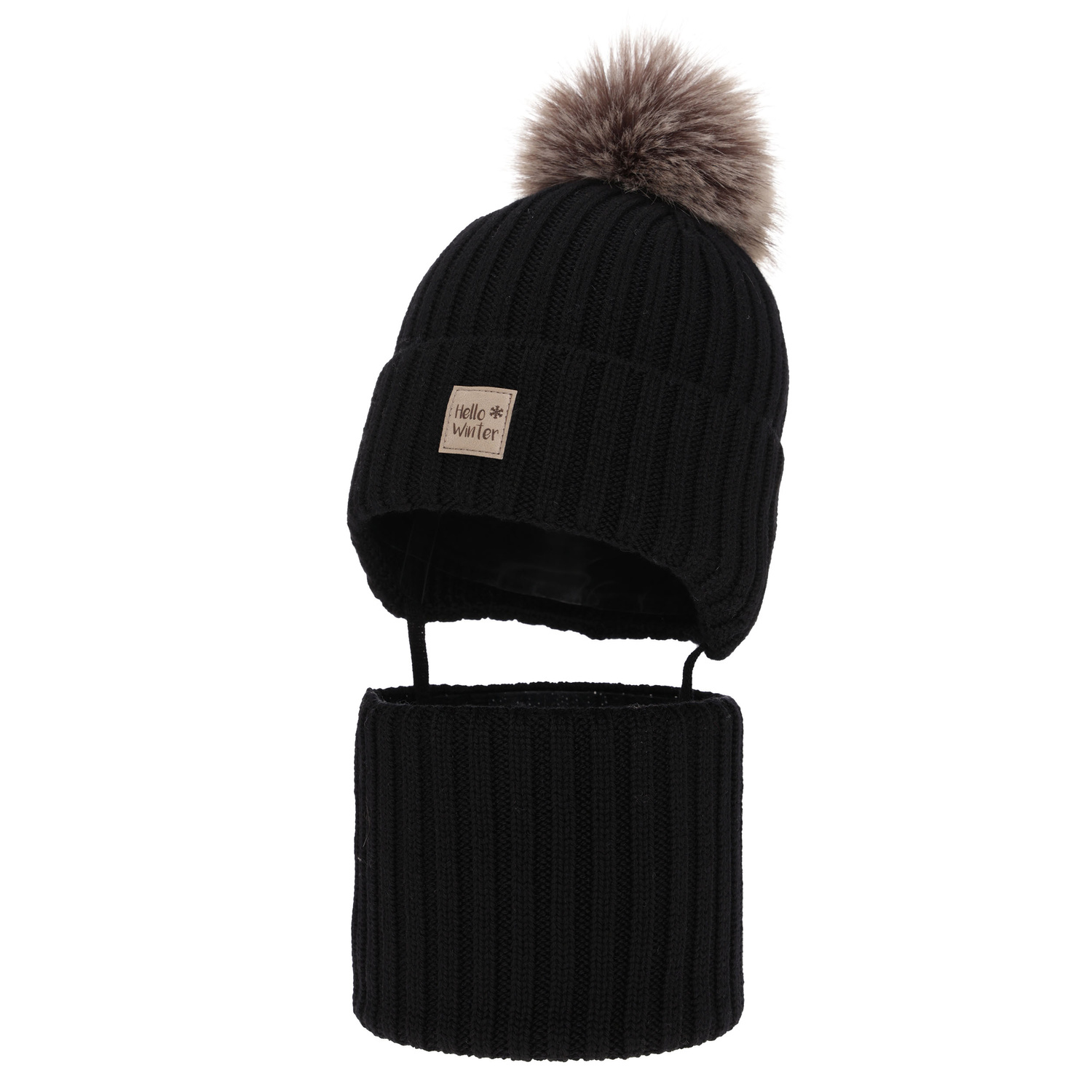 Czapka i komin dla chłopca zimowy komplet, czarny, 100% wełniany merino, podszyty wełnianym polarem, wiązany Morti