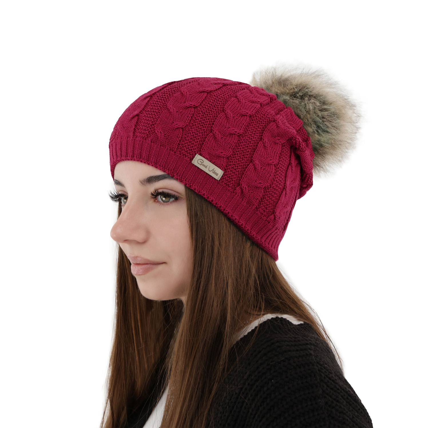 Czapka zimowa damska, różowa, z wełną merino Bafi