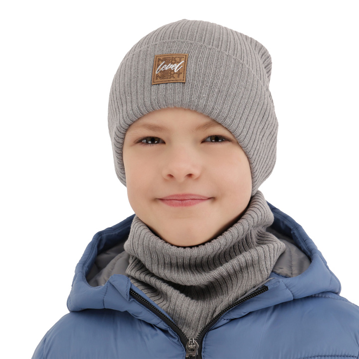 Czapka i komin dla chłopca jesienny, wiosenny komplet, z bawełną, jasnoszary Fenix