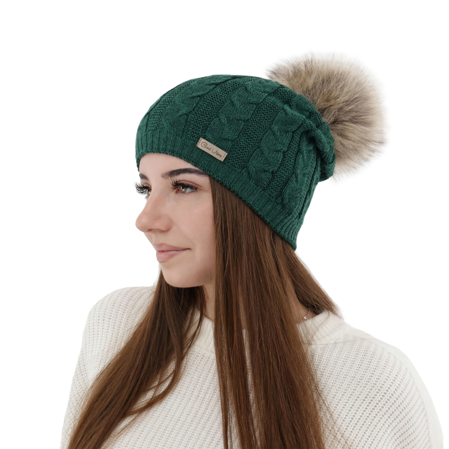 Czapka zimowa damska, zielona, z wełną merino Bafi