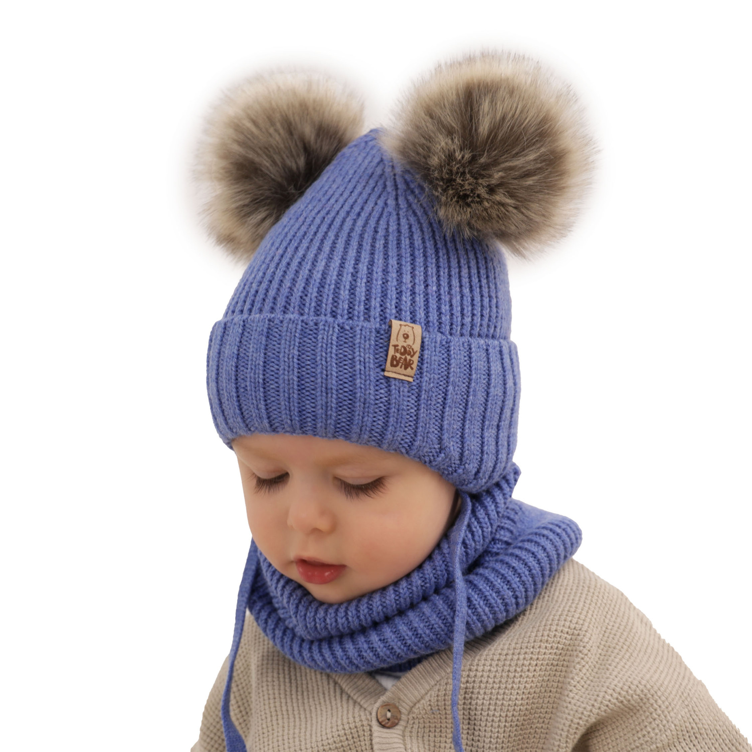 Czapka i komin dla chłopca zimowy komplet, niebieski, 100% wełniany merino, wiązany Konor