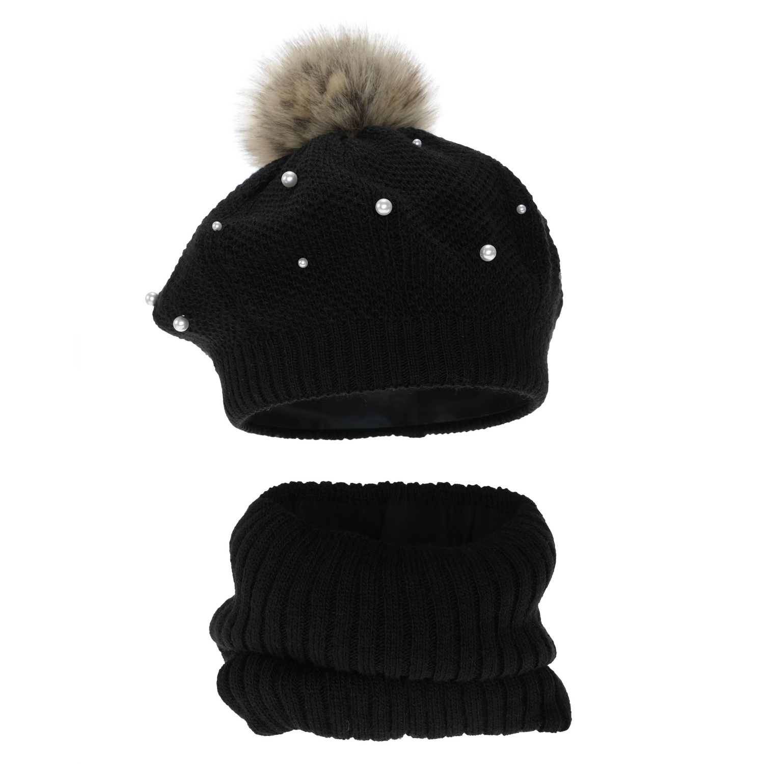 Beret i komin dla dziewczynki, zimowy komplet podszyty polarem, czarny, z pomponem Jeanette