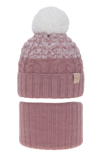 Czapka i komin dla dziewczynki zimowy komplet, różowy, z pomponem Zendaya