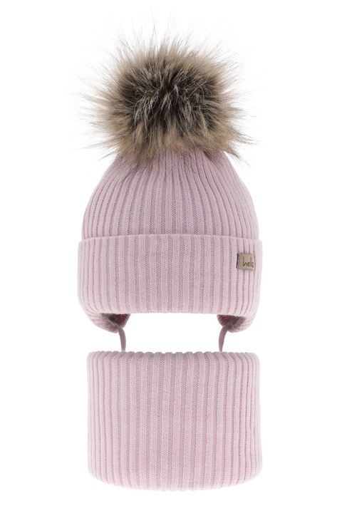 Czapka i komin dla dziewczynki zimowy komplet, liliowy, wiązany Bria