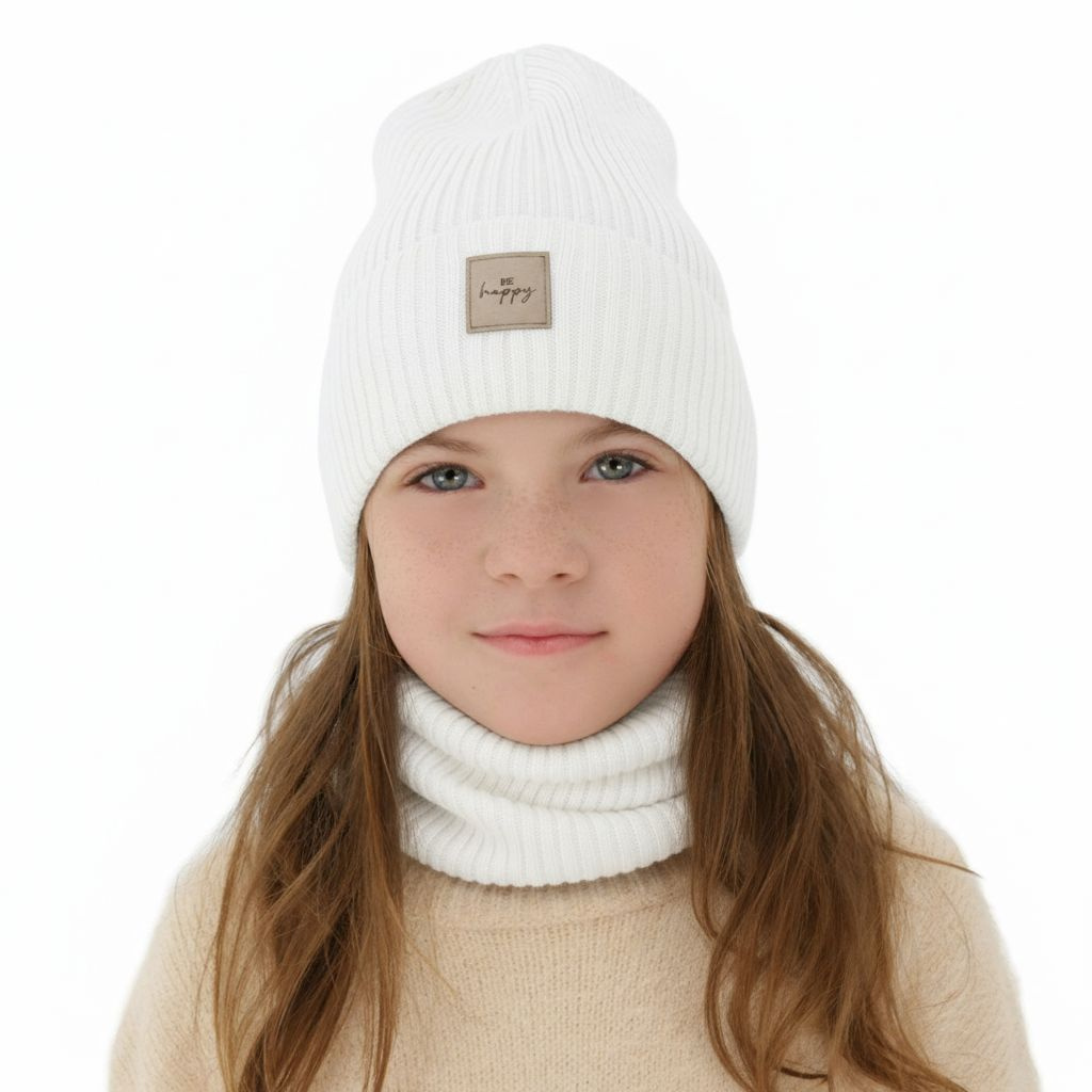 Czapka i komin dla dziewczynki, jesienny, wiosenny komplet, biały, 100% wełniany merino, Vanita