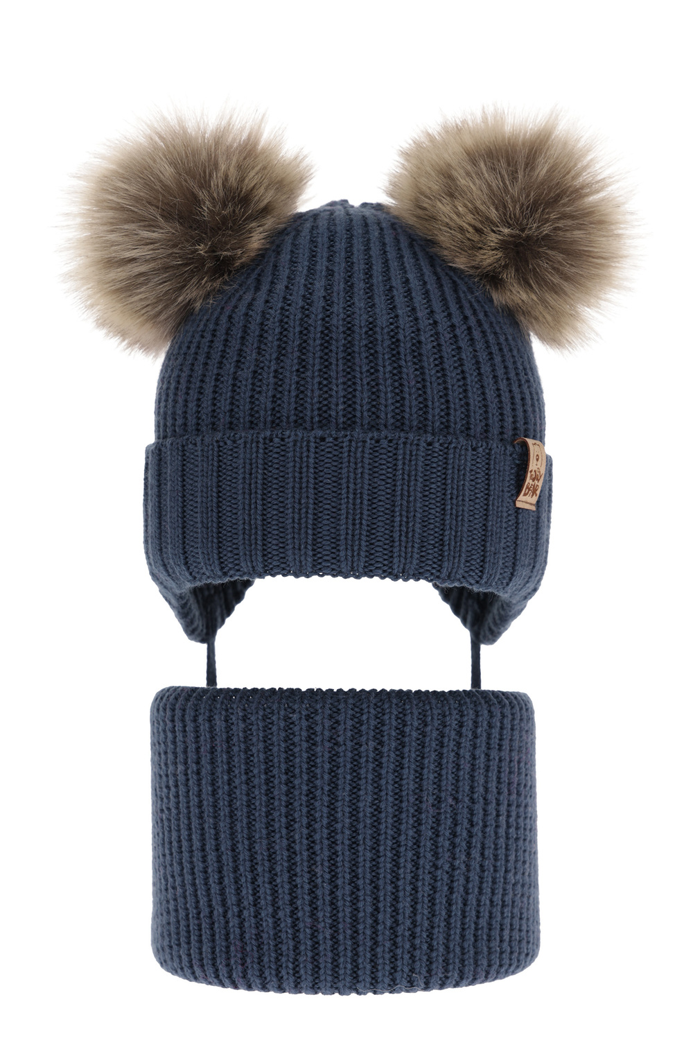 Czapka i komin dla chłopca zimowy komplet, granatowy, 100% wełniany merino, wiązany Konor