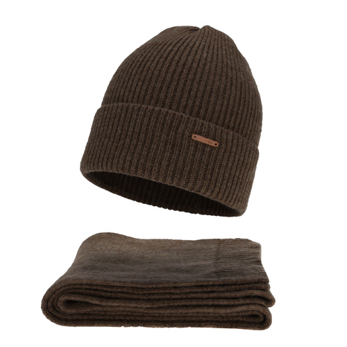 Czapka i szalik damski, zimowy komplet, brązowy, z wełną merino, Seala