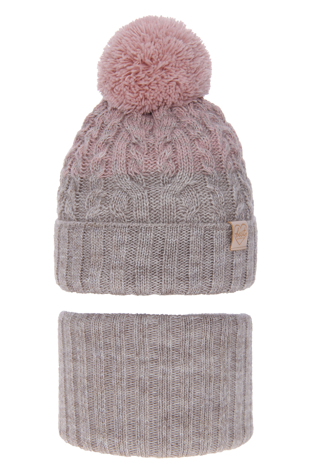 Czapka i komin dla dziewczynki zimowy komplet, beżowy, z pomponem Zendaya