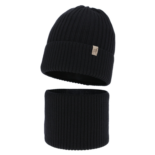 Czapka i komin dla dziewczynki, zimowy komplet, czarny, 100% wełniany merino, Patricia