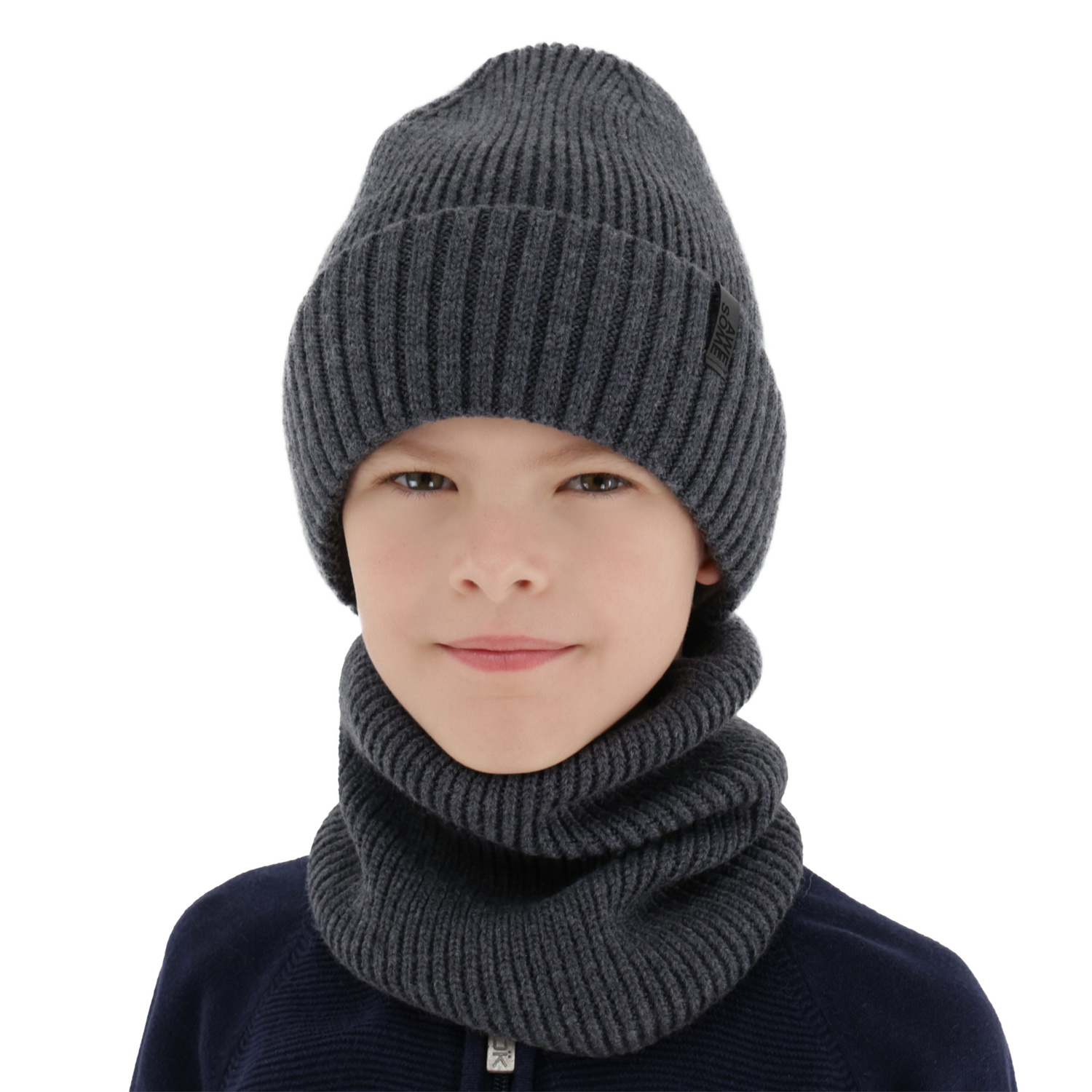 Czapka i komin dla chłopca, zimowy komplet, 100% wełniany merino, z podszyciem z wełny merino, szary Harbin
