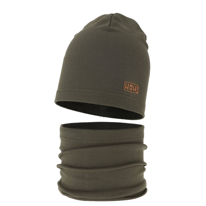 Czapka i komin dla chłopca jesienny, wiosenny komplet, khaki, bawełniany Frizer
