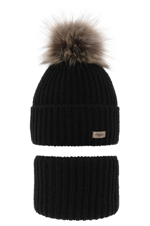 Czapka i komin dla dziewczynki zimowy komplet, czarny, z pomponem Willow