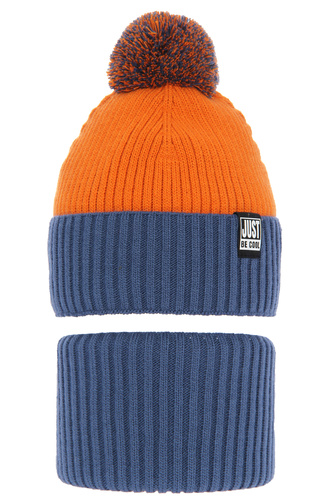 Czapka i komin dla chłopca zimowy komplet, niebieski, z pomponem Arlekin