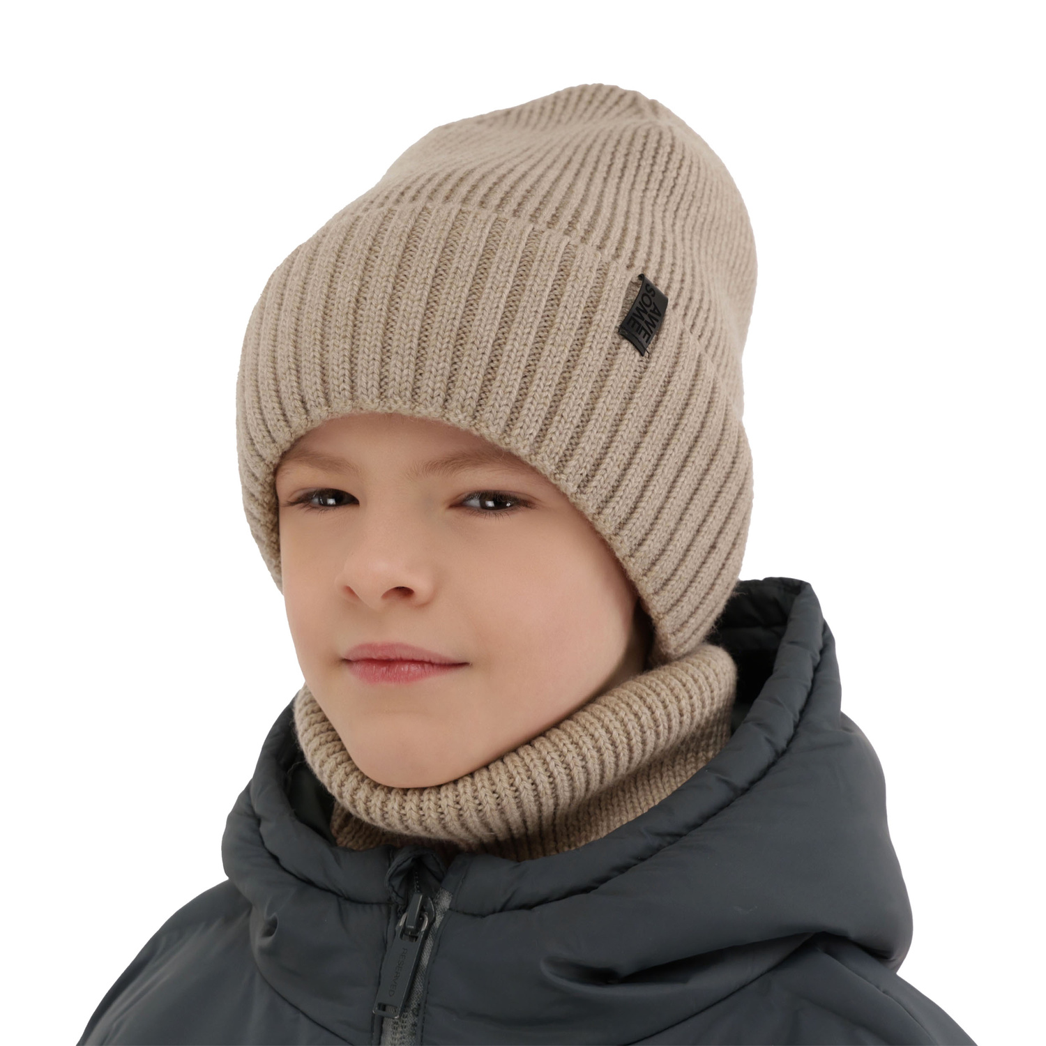 Czapka i komin dla chłopca, zimowy komplet, 100% wełniany merino, z podszyciem z wełny merino, camel Harbin