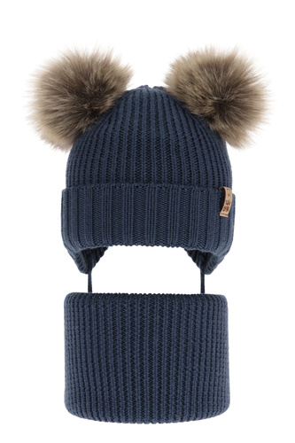 Czapka i komin dla chłopca zimowy komplet, granatowy, 100% wełniany merino, wiązany Konor