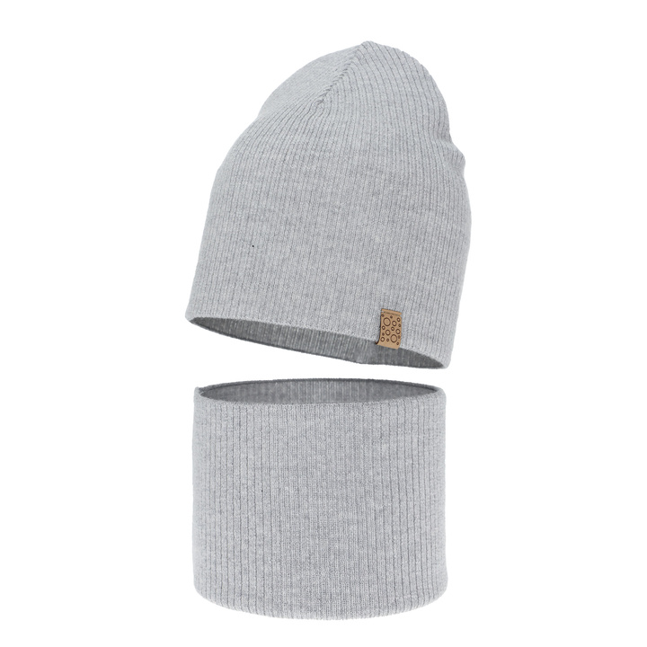 Czapka i komin dla dziewczynki jesienny, wiosenny komplet, szary, 100% wełniany merino Ricona