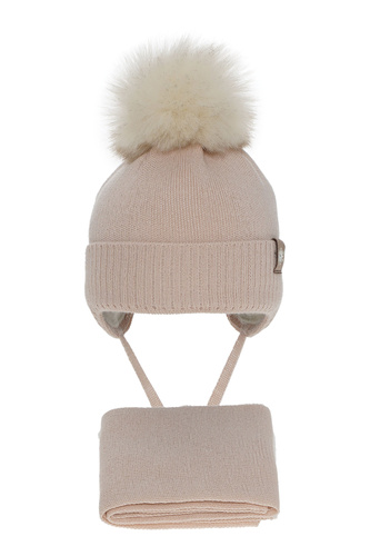 Czapka i szalik dla dziewczynki zimowy komplet, różowy, wełniany merino, z pomponem, wiązany Arika
