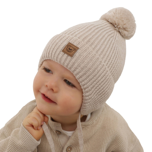 Czapka zimowa dla chłopca, beżowa, 100% wełniana merino, podszyta wełnianym polarem, wiązana Tofik