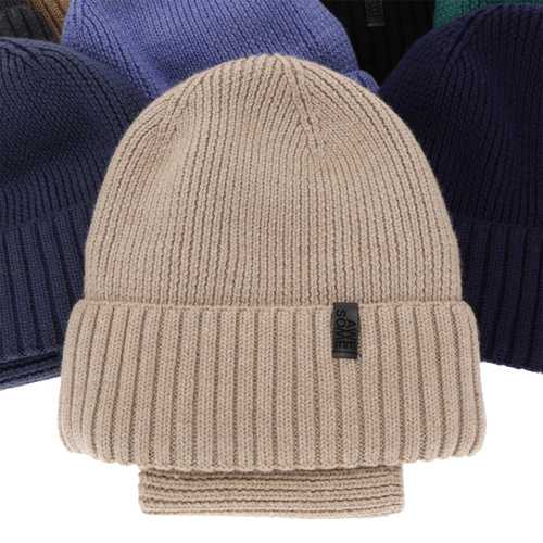 Czapka i komin dla chłopca, zimowy komplet, 100% wełniany merino, z podszyciem z wełny merino, niebieski Harbin