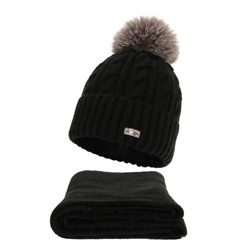 Czapka i szalik damski, zimowy komplet, czarny, Lunetta