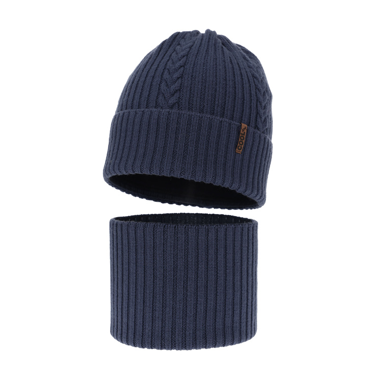 Czapka i komin dla chłopca zimowy komplet, ciemnoniebieski, 100% wełniany merino Wilson