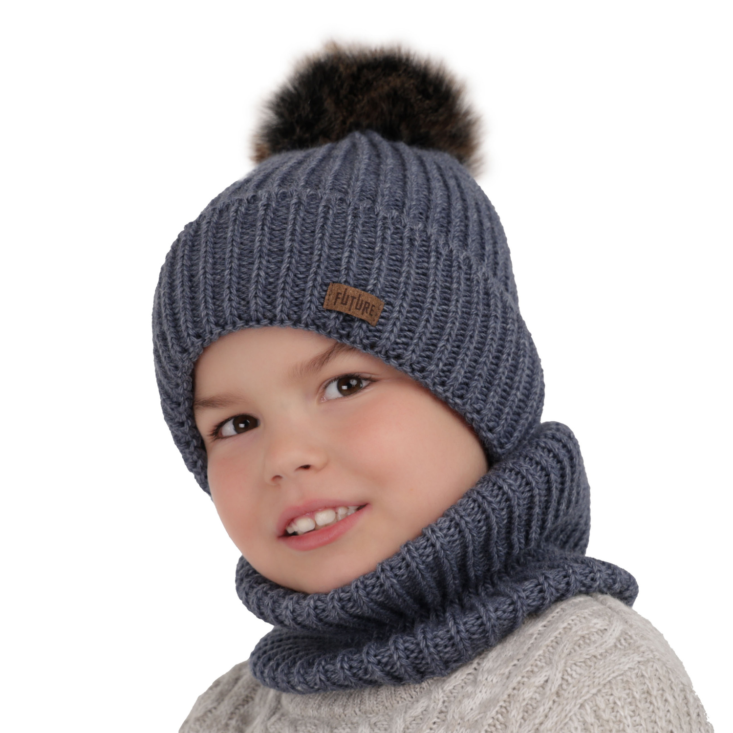 Czapka i komin dla chłopca zimowy komplet, camel, z pomponem Wonder