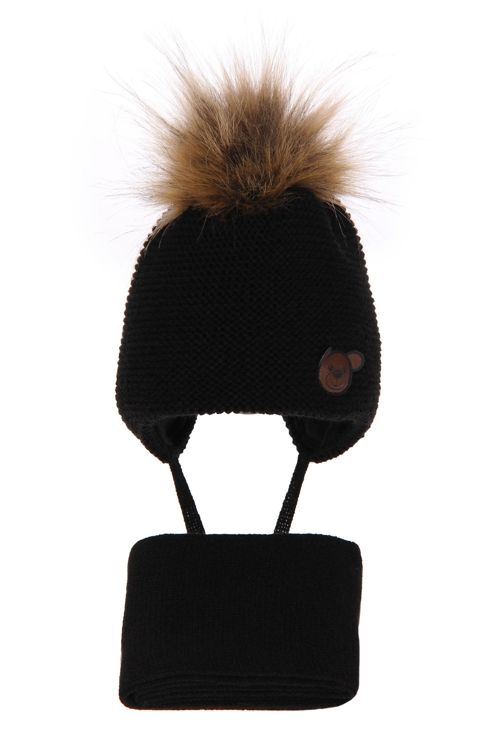 Czapka i szalik dla chłopca zimowy komplet, czarny, z pomponem, wiązany Banksi