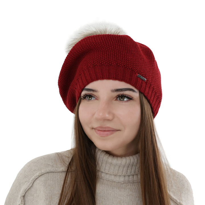 Beret damski zimowy, bordowy, z wełną merino Bonnie