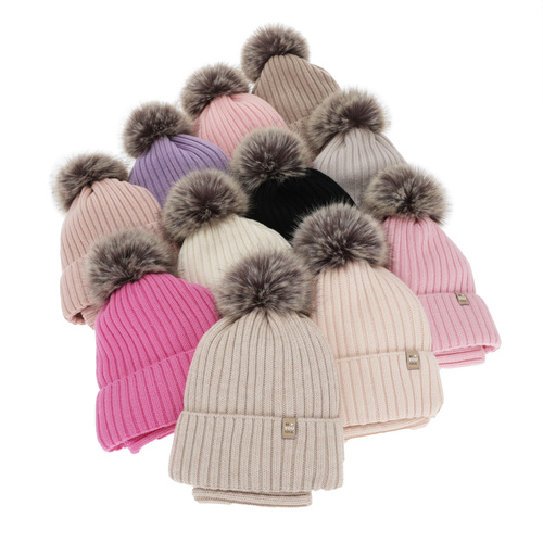 Czapka i komin dla dziewczynki zimowy komplet, 100% wełniany merino, podszyty bawełną, z pomponem, fioletowy, Terida