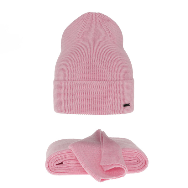Czapka i szalik damski zimowy komplet, jasnoróżowy, 100% wełniany merino Melpomena
