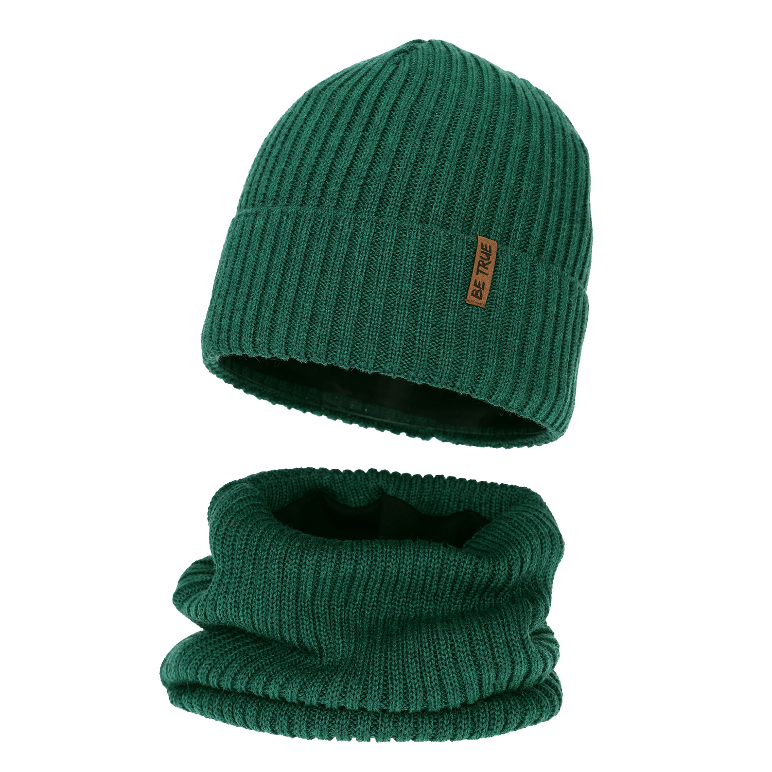 Czapka i komin podszyty bawełną dla chłopca zimowy komplet, zielony, z wełną merino, Colton