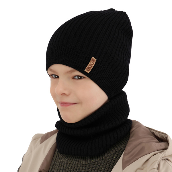 Czapka i komin dla chłopca jesienny, wiosenny komplet, czarny, 100% wełniany merino Chester