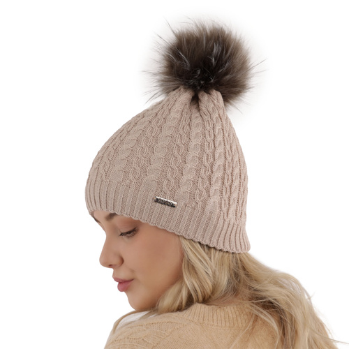 Czapka zimowa damska, szara, z pomponem, 100% wełniana merino Satina
