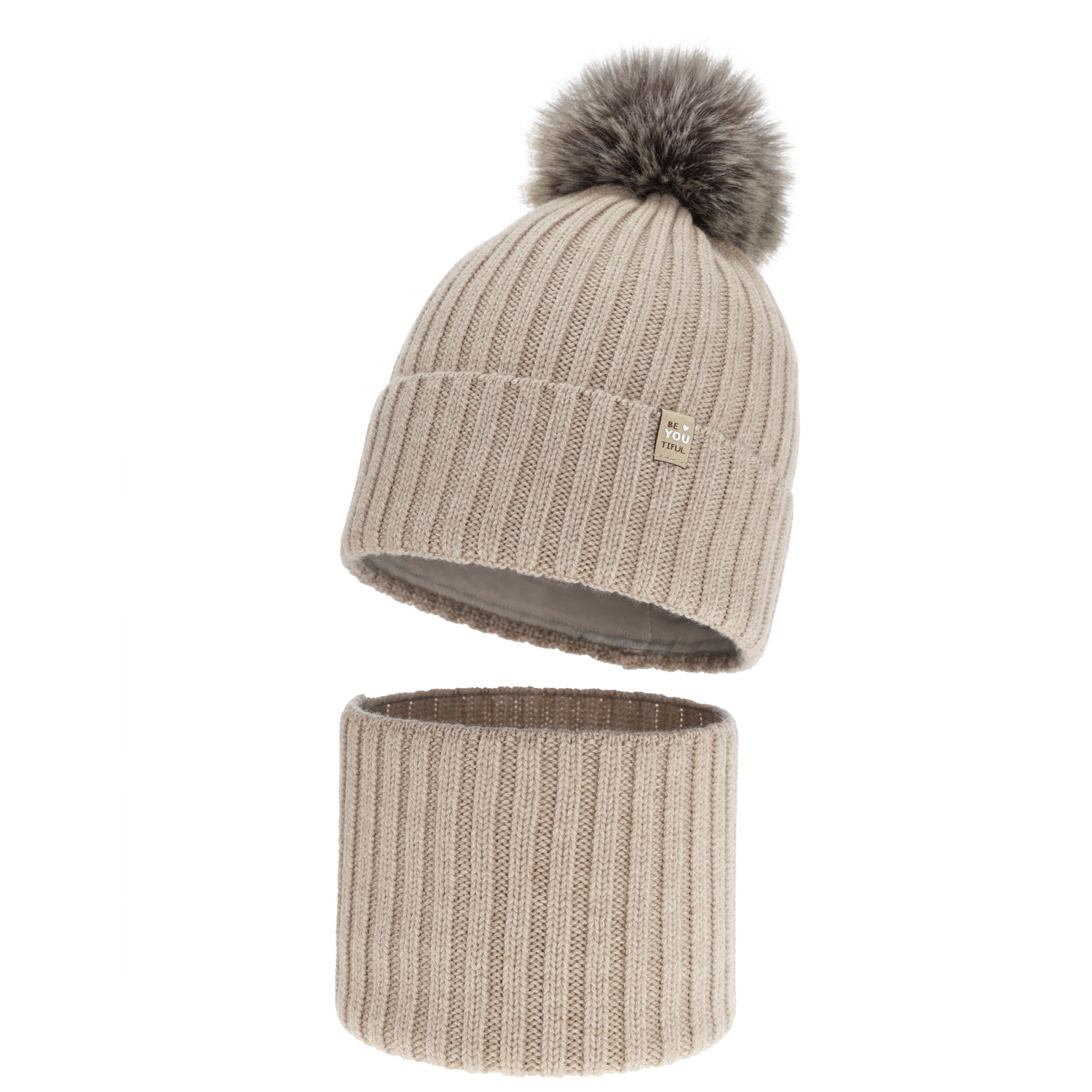 Czapka i komin dla dziewczynki zimowy komplet, 100% wełniany merino, podszyty bawełną, z pomponem, beżowy, Terida