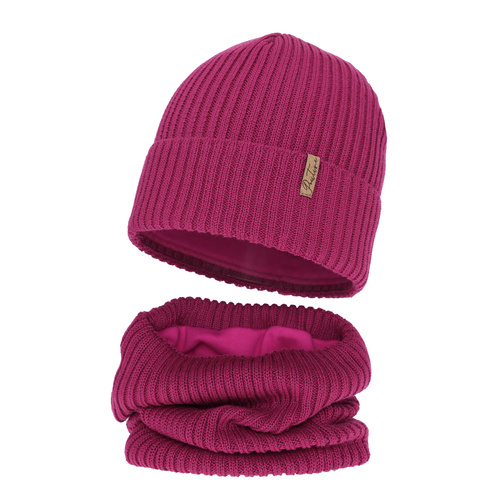 Czapka i komin podszyty bawełną dla dziewczynki zimowy komplet, amarantowy, z wełną merino, Odette