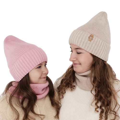 Czapka i komin dla dziewczynki zimowy komplet, amarantowy, 100% wełniana merino Nelita