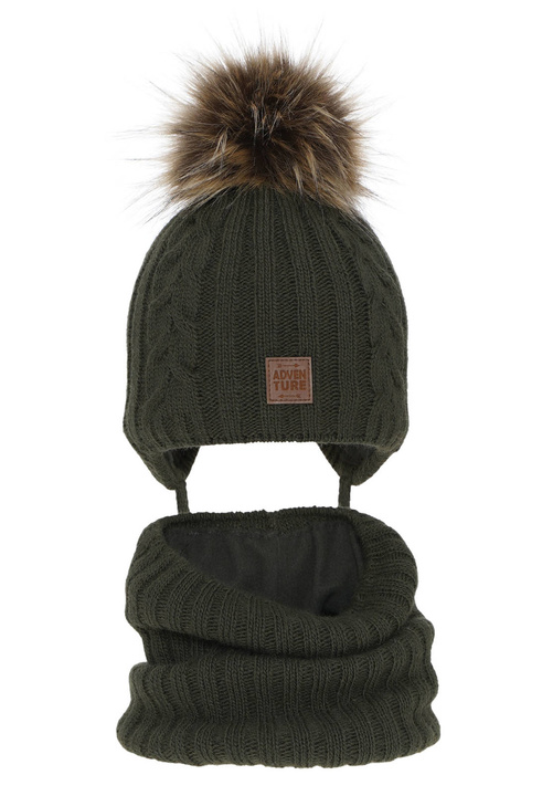 Czapka i komin dla chłopca zimowy komplet, khaki, z pomponem Casper