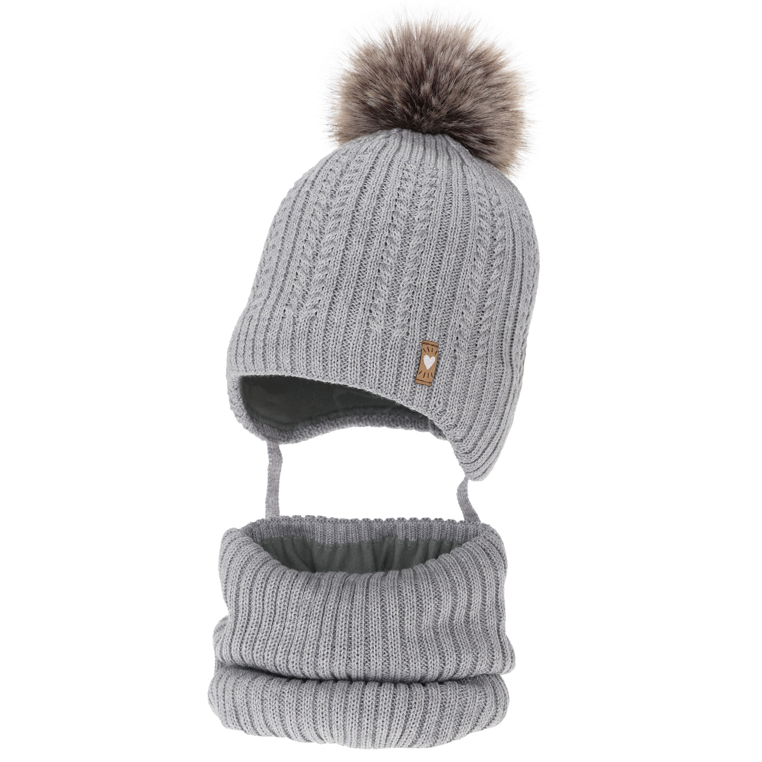 Czapka i komin dla dziewczynki zimowy komplet, szary, z wełną merino, z pomponem, wiązany Muanda