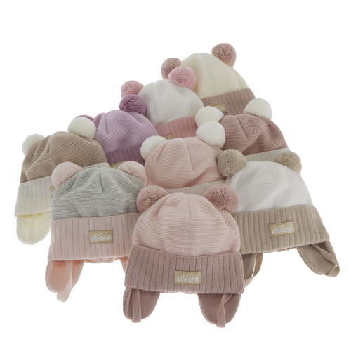 Czapka jesienna, wiosenna dla dziewczynki, różowa, z dwoma pomponami, wiązana Karotka