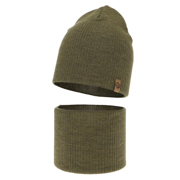 Czapka i komin dla chłopca jesienny, wiosenny komplet, khaki, 100% wełniany merino Richi