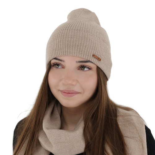 Czapka jesienna, zimowa damska, beżowa, 100% wełniana merino, Flerra