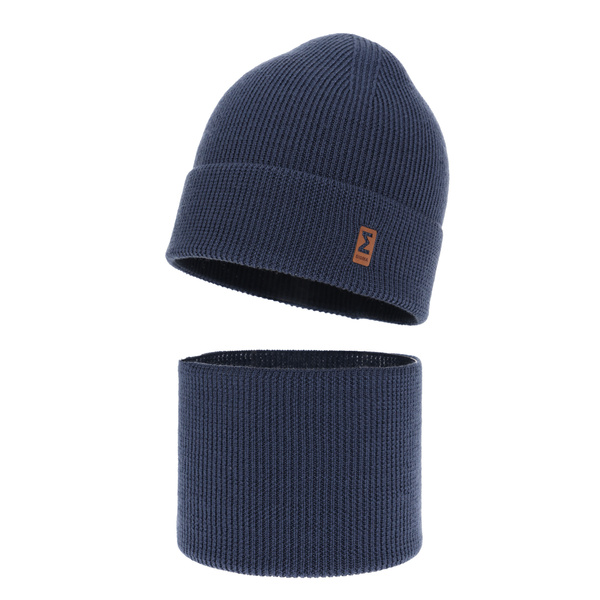 Czapka i komin dla chłopca jesienny, wiosenny komplet, niebieski, 100% wełniany merino Bruce