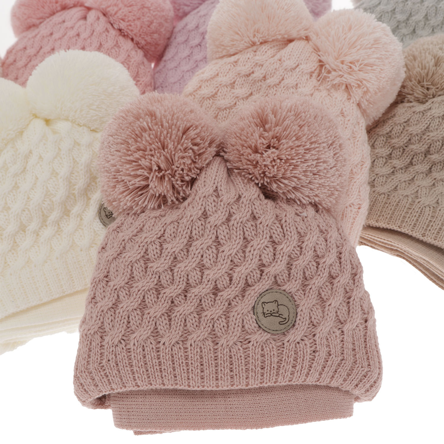 Czapka i szalik dla dziewczynki zimowy komplet, biały, z dwoma pomponami, wiązany Anava