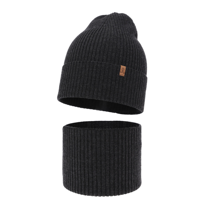 Czapka i komin dla chłopca jesienny, wiosenny komplet, ciemnoszary, 100% wełniany merino Lemas