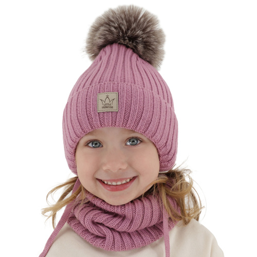 Czapka i komin dla dziewczynki zimowy komplet, jasnoróżowy, 100% wełniany merino, podszyty wełnianym polarem, z pomponem, wiązany Martina