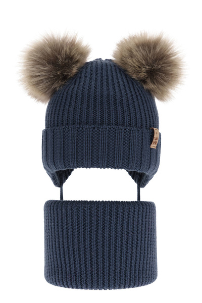Czapka i komin dla chłopca zimowy komplet, granatowy, 100% wełniany merino, wiązany Konor