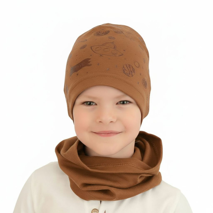Czapka i komin dla chłopca jesienny, wiosenny komplet, camel, bawełniany Kosmos