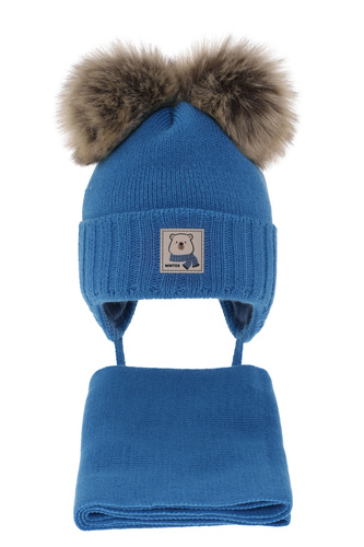 Czapka i szalik dla chłopca zimowy komplet, niebieski, z dwoma pomponami, wiązany Jewel