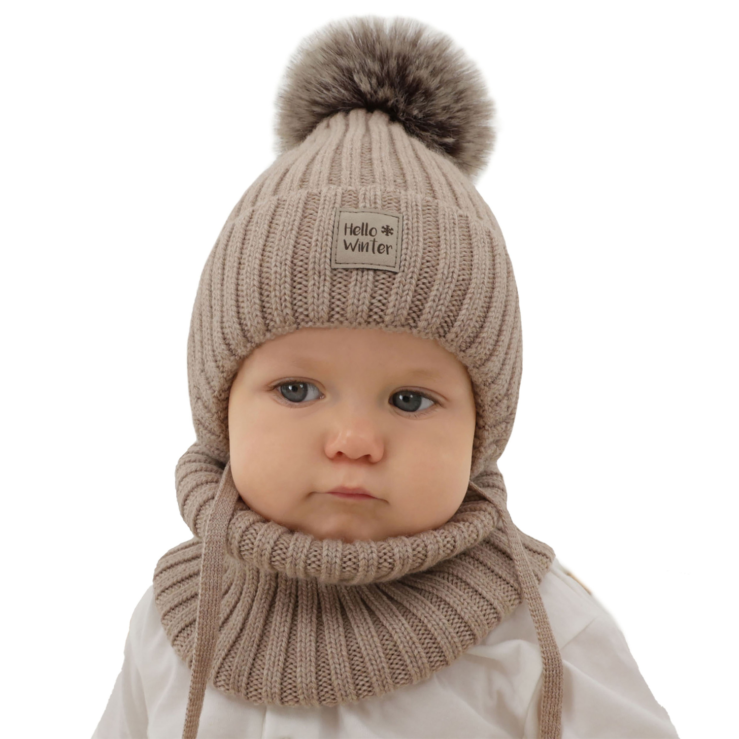 Czapka i komin dla chłopca zimowy komplet, beżowy, 100% wełniany merino, podszyty wełnianym polarem Morti