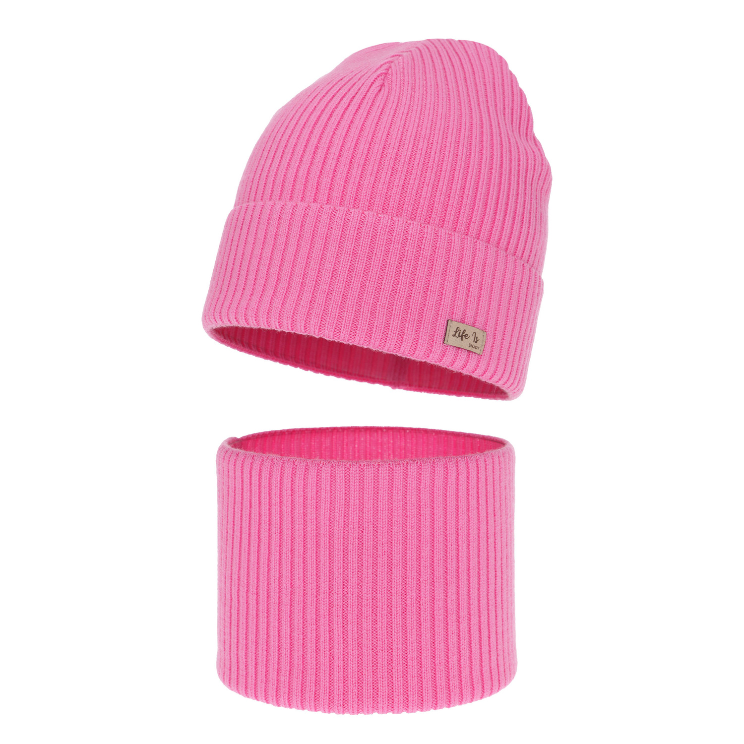 Czapka i komin dla dziewczynki jesienny, wiosenny komplet, różowy, 100% wełniany merino Itra